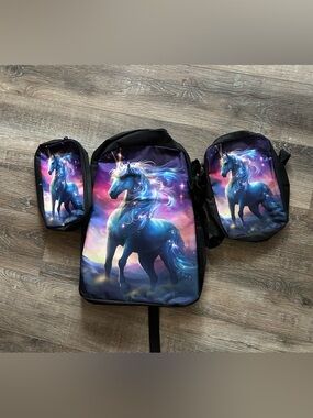 Unicorn Graphic Backpack & Pouches - Galaxy Blue/Purple